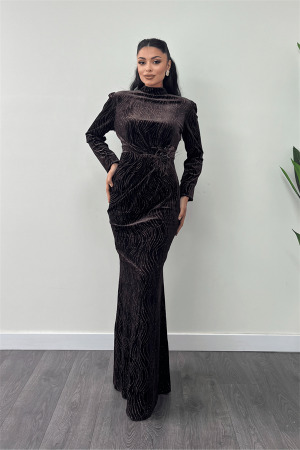 Kadife Kumaş Sim Baskılı Abiye Elbise - KAHVERENGİ - Angelino Moda