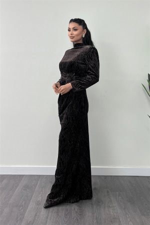 Kadife Kumaş Sim Baskılı Abiye Elbise - KAHVERENGİ - Angelino Moda (1)