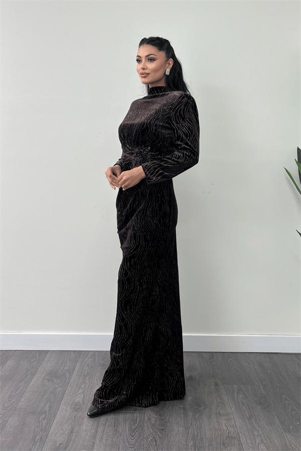 Kadife Kumaş Sim Baskılı Abiye Elbise - KAHVERENGİ - 2