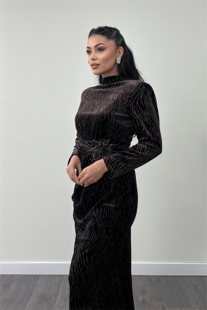 Kadife Kumaş Sim Baskılı Abiye Elbise - KAHVERENGİ - 4