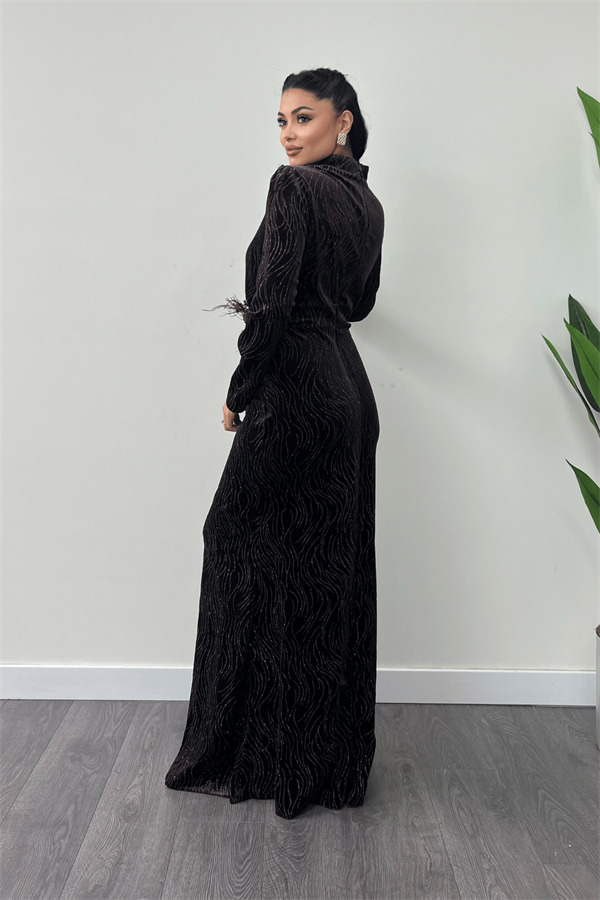 Kadife Kumaş Sim Baskılı Abiye Elbise - KAHVERENGİ - 5