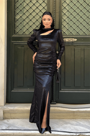 Kadife Kumaş Yılan Desenli Abiye Elbise - SİYAH - EİPOM