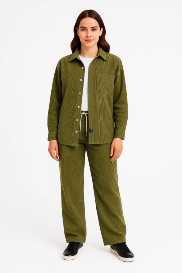Kadife Oversize Takım – Gömlek Ve Pantolon İkili Set Füme Corduroy Şıklığı, Rahat Ve Zarif Duruş Yumuşak Dokulu Kadife Kumaş, Düğmeli Gömlek Üst Ve Lastikli Pantolon Alt Parça Ile Gün Boyu Konfor- Haki - 4