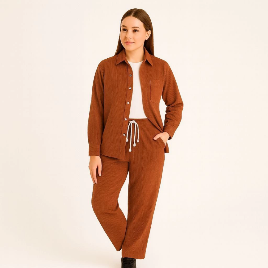 Kadife Oversize Takım – Gömlek Ve Pantolon İkili Set Füme Corduroy Şıklığı, Rahat Ve Zarif Duruş Yumuşak Dokulu Kadife Kumaş, Düğmeli Gömlek Üst Ve Lastikli Pantolon Alt Parça Ile Gün Boyu Konfor- Kiremit - 2
