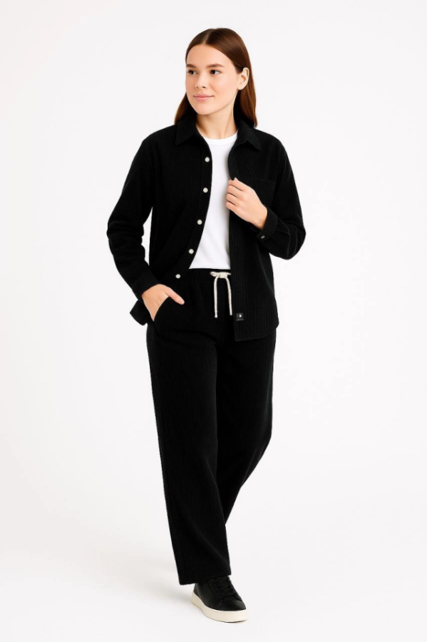 Kadife Oversize Takım – Gömlek Ve Pantolon İkili Set Füme Corduroy Şıklığı, Rahat Ve Zarif Duruş Yumuşak Dokulu Kadife Kumaş, Düğmeli Gömlek Üst Ve Lastikli Pantolon Alt Parça Ile Gün Boyu Konfor- Siyah - 1