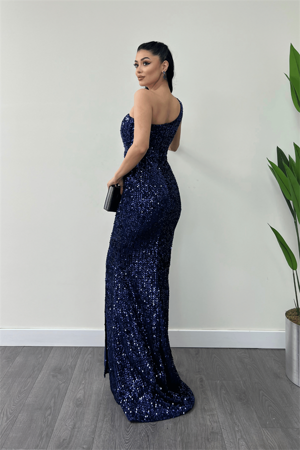 Kadife Payet Tek Kol Abiye Elbise - LACİVERT - 5