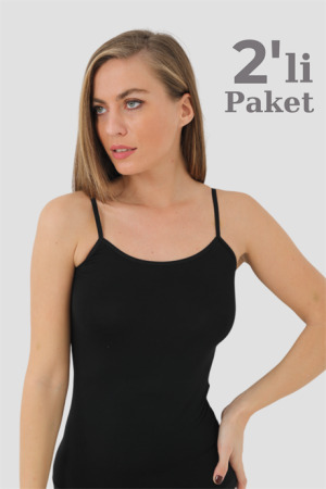 Kadın 2'li Paket Siyah Bambu İp Askılı Atlet - 1