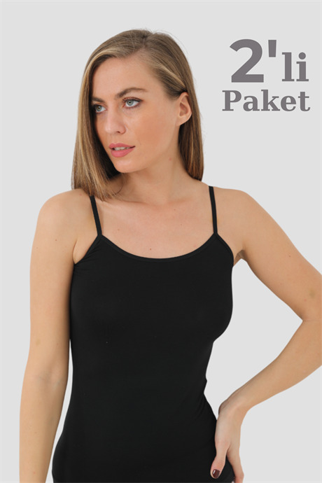 Kadın 2'li Paket Siyah Bambu İp Askılı Atlet - 1