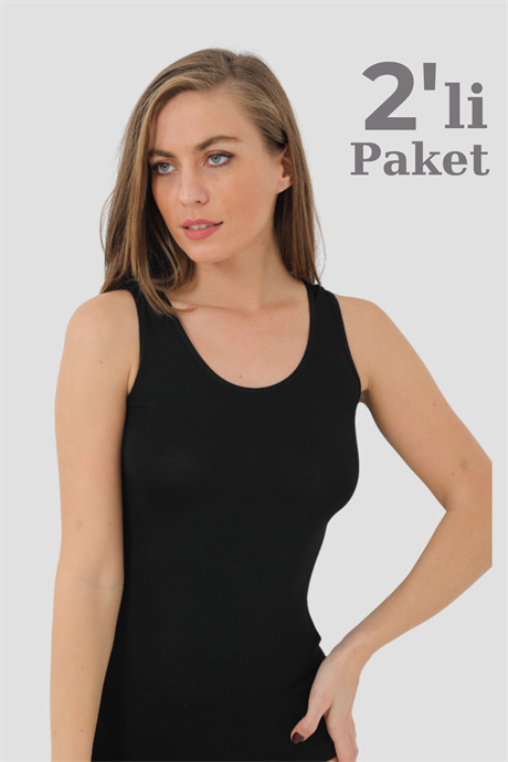 Kadın 2'li Paket Siyah Bambu Kalın Askılı Atlet - 1