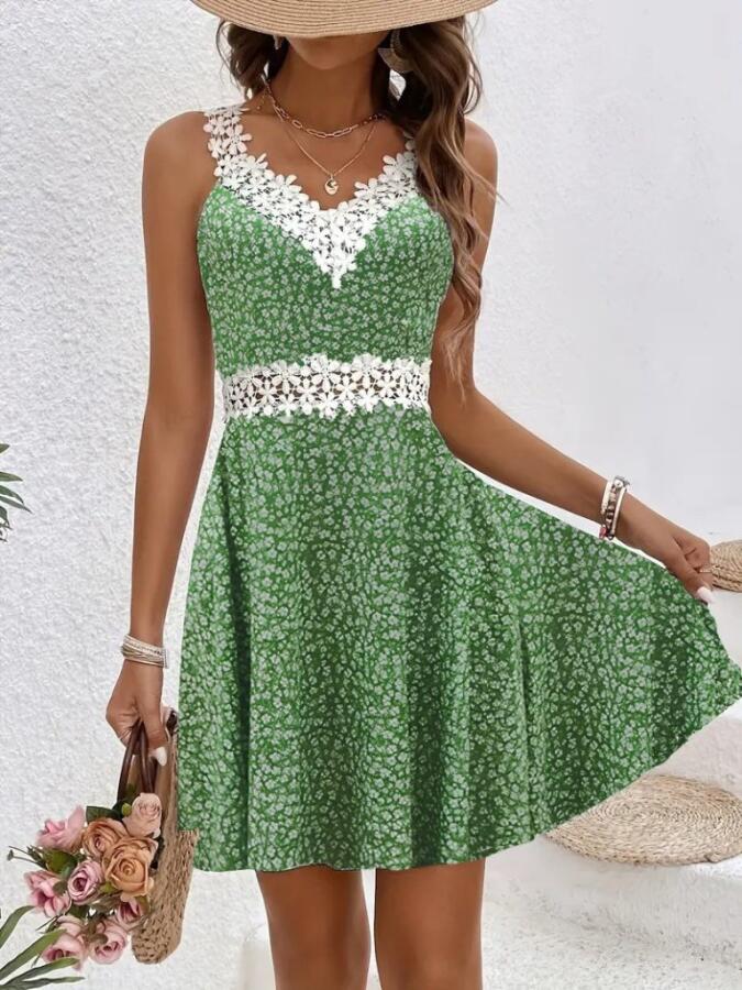 Kadın Askılı Dantel Yakalı çiçek Desenli Süprem Elbise - 1