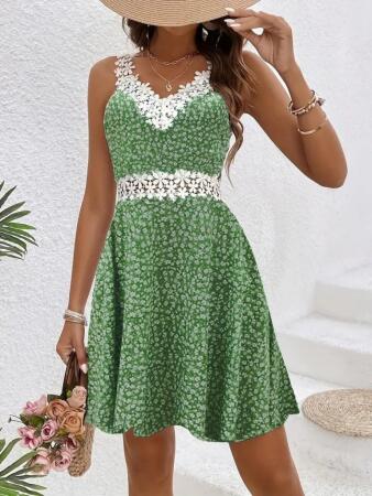 Kadın Askılı Dantel Yakalı çiçek Desenli Süprem Elbise - 3