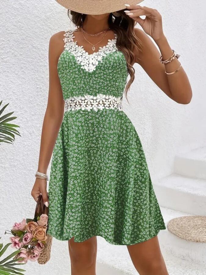 Kadın Askılı Dantel Yakalı çiçek Desenli Süprem Elbise - 3