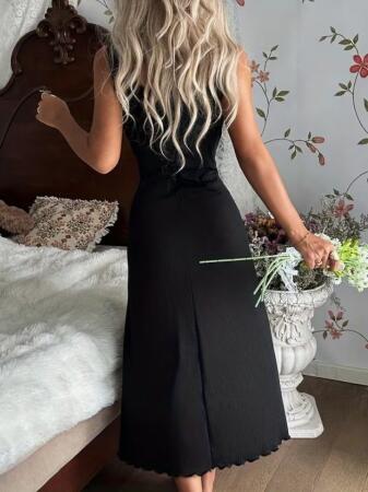 Kadın Askılı Dantel Yakalı Uzun Kalın Fitilli Kaşkorse Gecelik - 5
