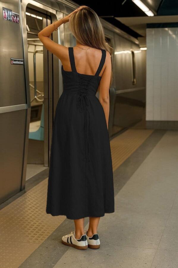 Kadın Askılı Geniş V Yakalı Sırttan Bağlamalı Yırtmaçlı Süprem Elbise - 2