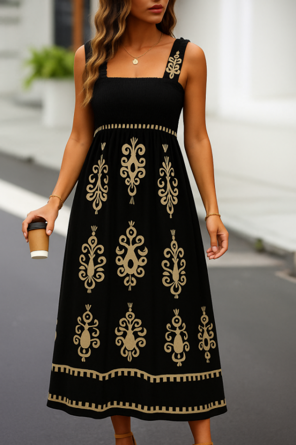 Kadın Askılı Kare Yaka Gipe Detaylı Desenli Suprem Elbise - 1