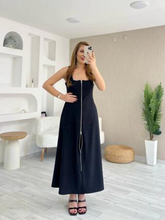 Kadın Askılı Kare Yaka önden Fermuarlı Geniş Kesim Janjan Krep Elbise - 1