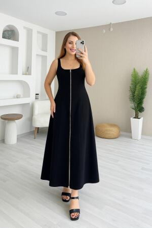 Kadın Askılı Kare Yaka önden Fermuarlı Geniş Kesim Janjan Krep Elbise - 3