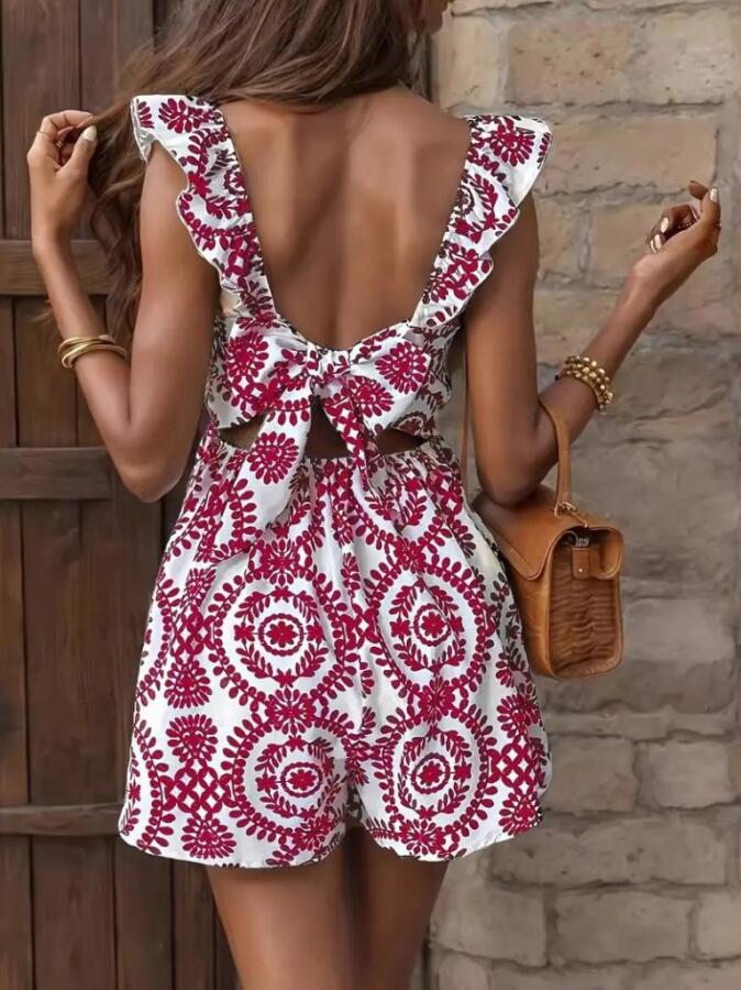 Kadın Askılı Kare Yakalı Arkadan Bağcıklı Desenli Keten Tulum - 2