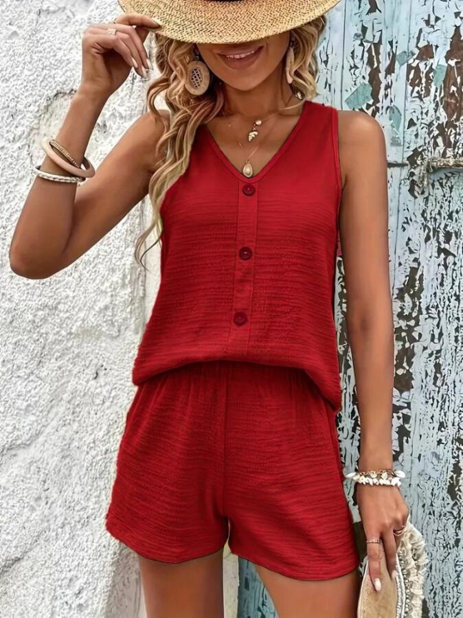 Kadın Askılı Kolsuz V Yakalı önden Düğmeli Bürümcük Bluz Ve Short Ikili Takım - 1