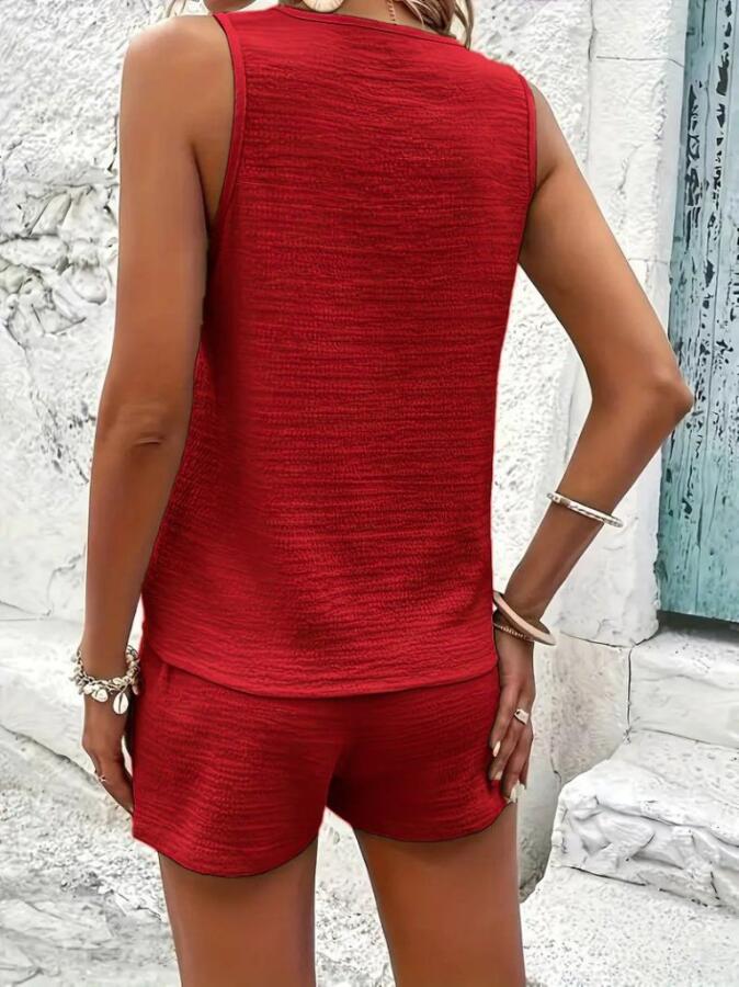 Kadın Askılı Kolsuz V Yakalı önden Düğmeli Bürümcük Bluz Ve Short Ikili Takım - 3