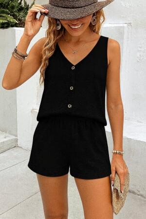 Kadın Askılı Kolsuz V Yakalı önden Düğmeli Bürümcük Bluz Ve Short Ikili Takım - ANGELINO BuyukBedeniz