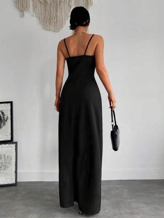 Kadın Askılı Kruvaze Yaka Derin Yırtmaçlı Krep Elbise - 7