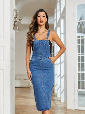 Kadın Askılı önü Cepli Diz Altı Kot Salopet - ANGELINO BuyukBedeniz