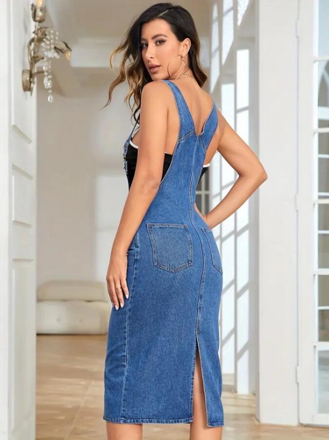 Kadın Askılı önü Cepli Diz Altı Kot Salopet - 6