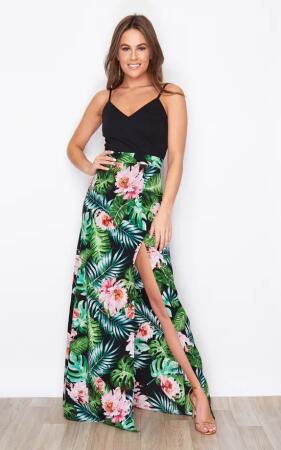 Kadın Askılı V Yaka Eteği Dijital Baskılı çiçek Desenli Yırtmaçlı Mikro Kumaş Elbise - ANGELINO BuyukBedeniz (1)