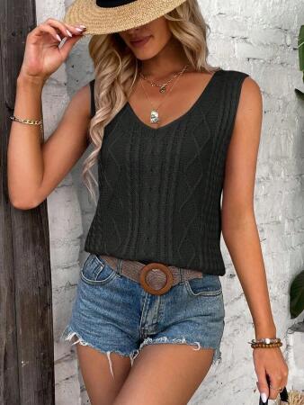 Kadın Askılı V Yaka örme Detay Triko Bluz - 3