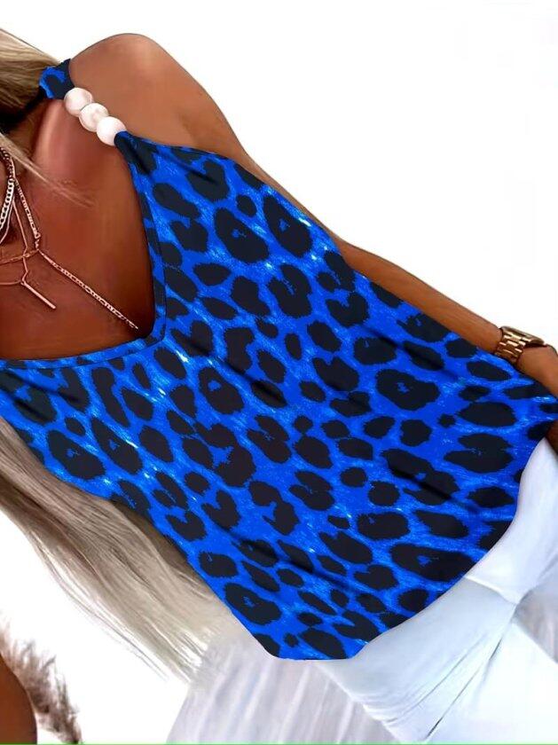 Kadın Askılı V Yakalı Boncuk Detaylı Leopar Desenli Süprem Bluz - 4