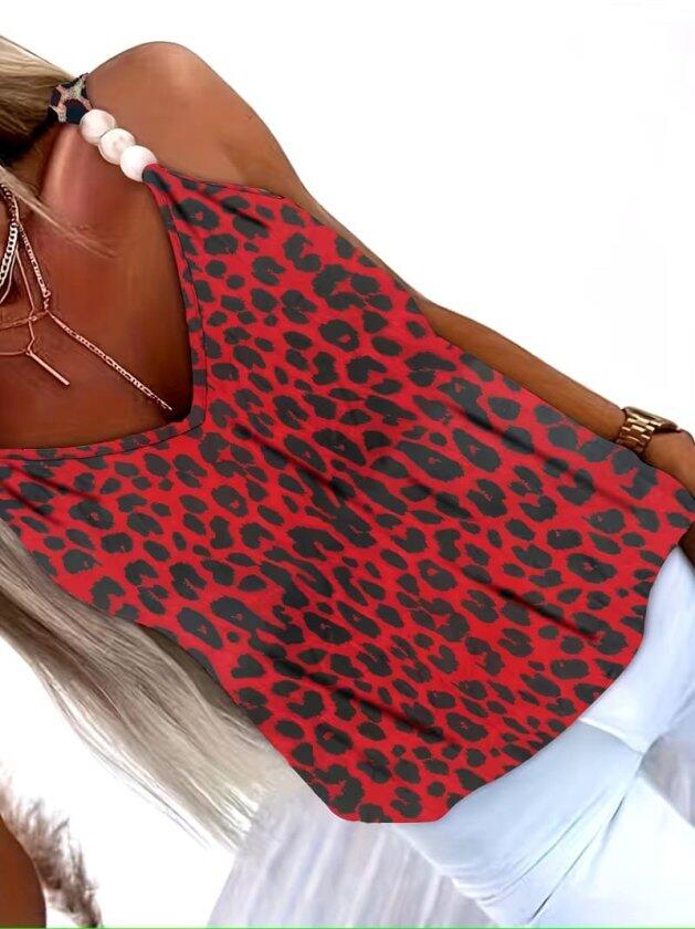 Kadın Askılı V Yakalı Boncuk Detaylı Leopar Desenli Süprem Bluz - 4