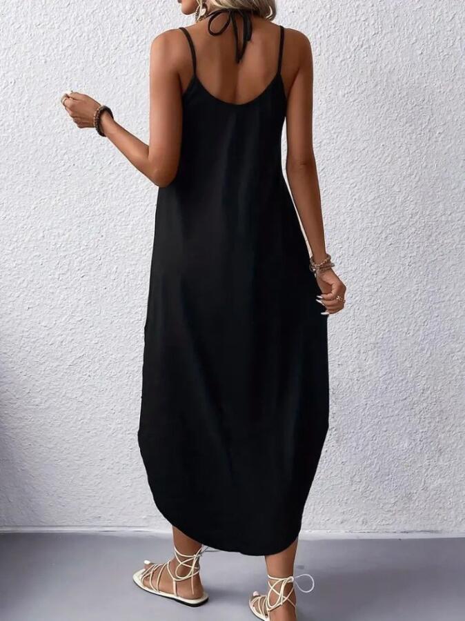 Kadın Askılı V Yakalı Desenli Uzun Viskon Elbise - 2