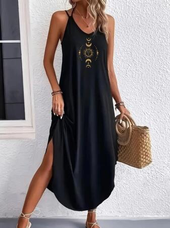 Kadın Askılı V Yakalı Desenli Uzun Viskon Elbise - 4