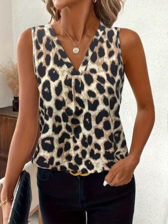 Kadın Askılı V Yakalı Leopar Desenli Süprem Bluz - 3
