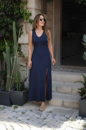 Kadın Askılı V Yakalı Yırtmaçlı Uzun Viskon Elbise - ANGELINO BuyukBedeniz