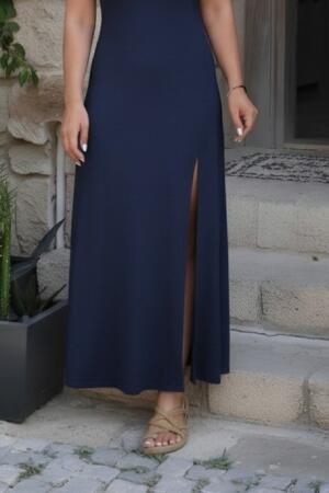 Kadın Askılı V Yakalı Yırtmaçlı Uzun Viskon Elbise - 3