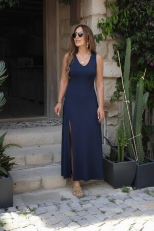 Kadın Askılı V Yakalı Yırtmaçlı Uzun Viskon Elbise - 4