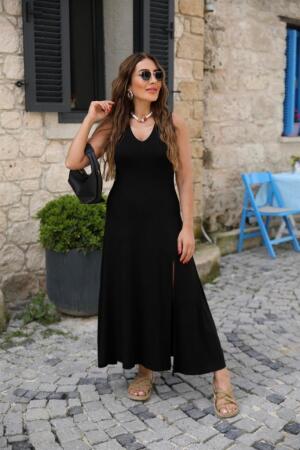 Kadın Askılı V Yakalı Yırtmaçlı Viskon Elbise - ANGELINO BuyukBedeniz