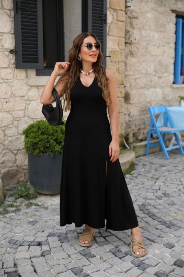 Kadın Askılı V Yakalı Yırtmaçlı Viskon Elbise - 1