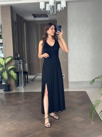 Kadın Askılı V Yakalı Yırtmaçlı Viskon Elbise - 10