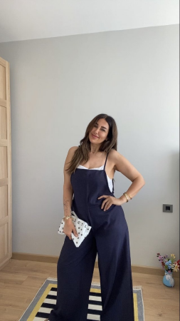 Kadın Askılı Yandan Fermuarlı Geniş Paçalı Valencia Tulum - ANGELINO BuyukBedeniz