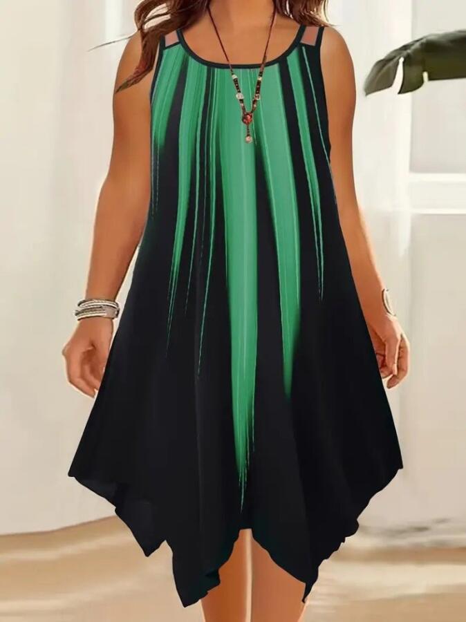 Kadın Askılı Yuvarlak Yaka Asimetrik Detaylı Desenli Süprem Elbise - 1