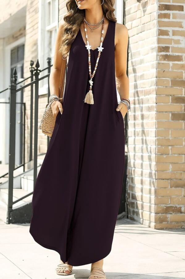 Kadın Askılı Yuvarlak Yaka Cepli Salaş Uzun Viskon Tulum - 2