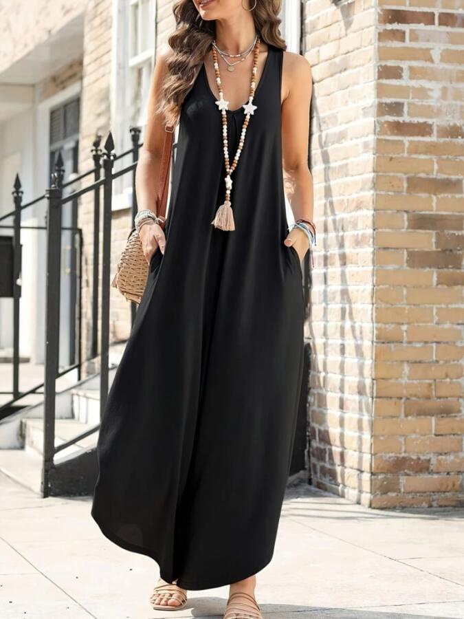 Kadın Askılı Yuvarlak Yaka Cepli Salaş Uzun Viskon Tulum - 1