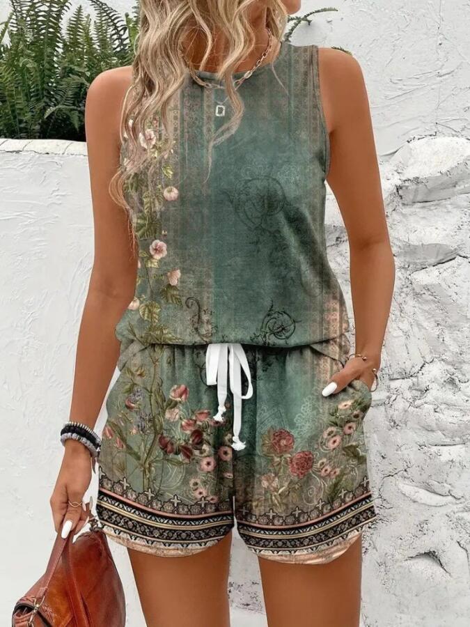 Kadın Askılı Yuvarlak Yaka çiçek Baskılı Süprme Bluz Ve Short Ikili Takım - 2