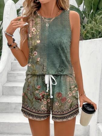 Kadın Askılı Yuvarlak Yaka çiçek Baskılı Süprme Bluz Ve Short Ikili Takım - 5