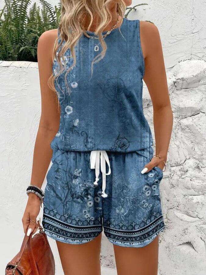 Kadın Askılı Yuvarlak Yaka çiçek Baskılı Süprme Bluz Ve Short Ikili Takım - 2