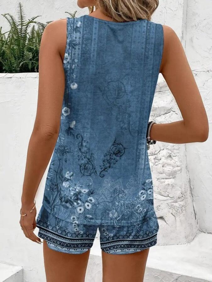 Kadın Askılı Yuvarlak Yaka çiçek Baskılı Süprme Bluz Ve Short Ikili Takım - 3