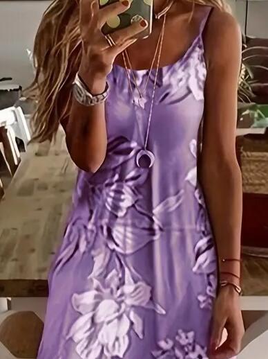 Kadın Askılı Yuvarlak Yaka Etek Geniş Kesim Desenli Süprem Elbise - 2